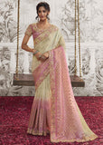 Cream And Pink Heavy Embroidered Designer Silk Saree