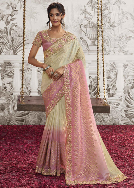 Cream And Pink Heavy Embroidered Designer Silk Saree