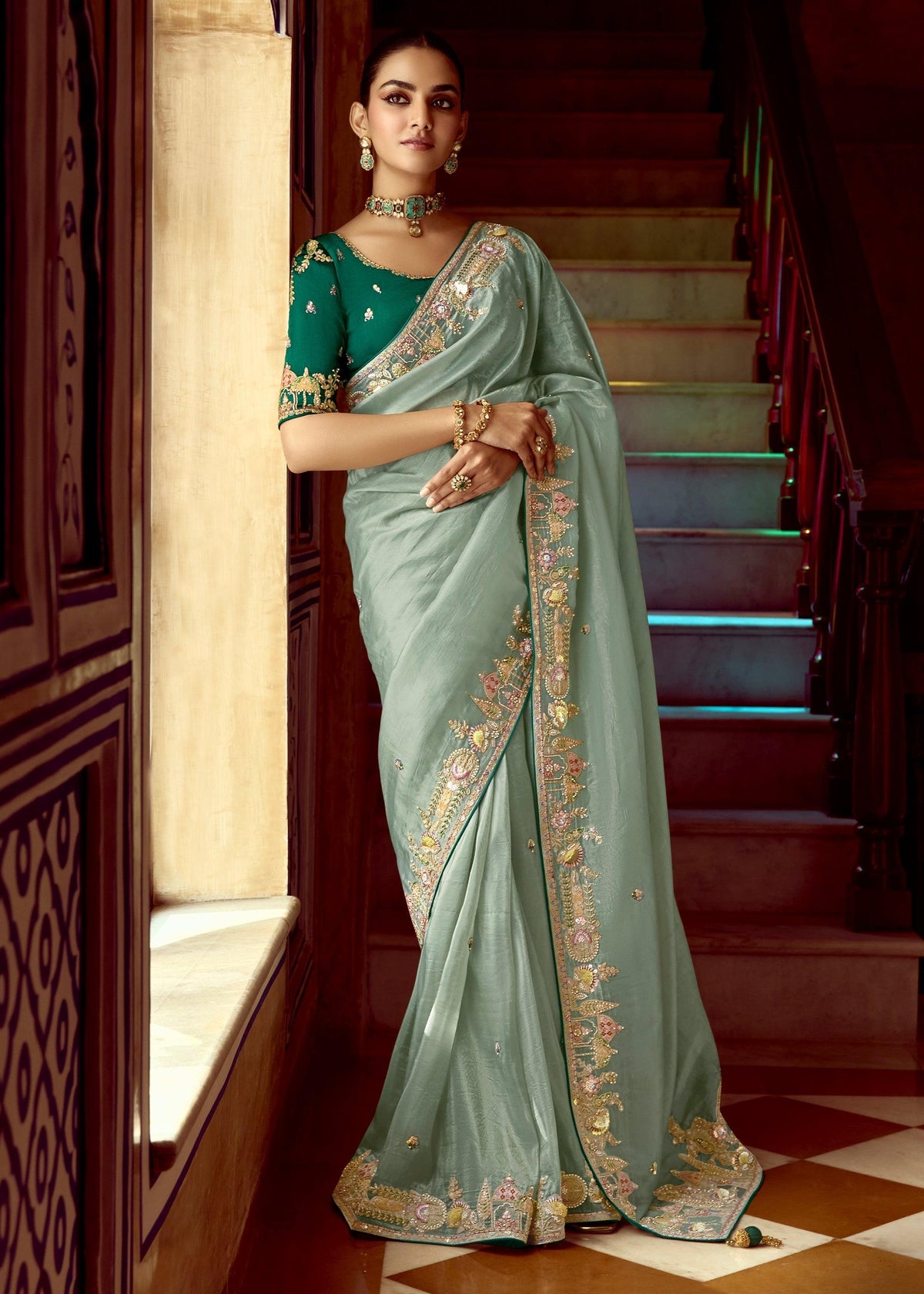Ice Green Heavy Embroidered Designer Silk Saree