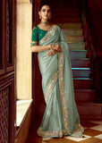 Ice Green Heavy Embroidered Designer Silk Saree