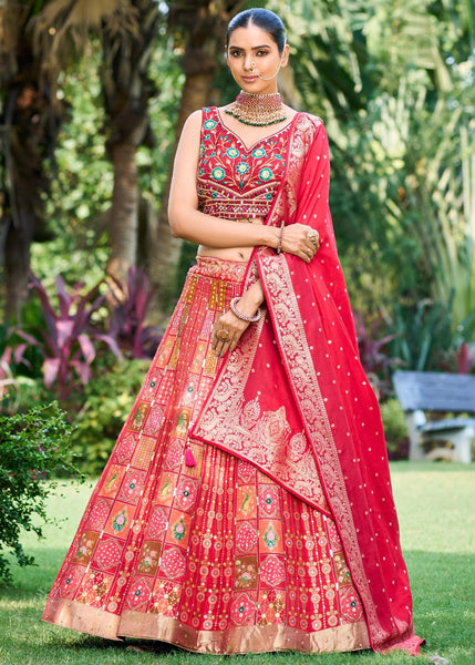 Blooming Red Heavy Designer Lehenga Set With Embroidered Blouse