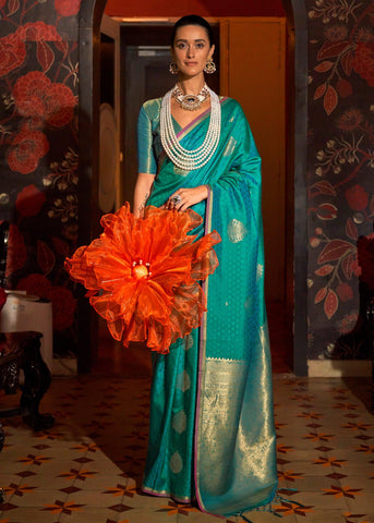 Antique Green Woven Banarasi Satin Silk Saree
