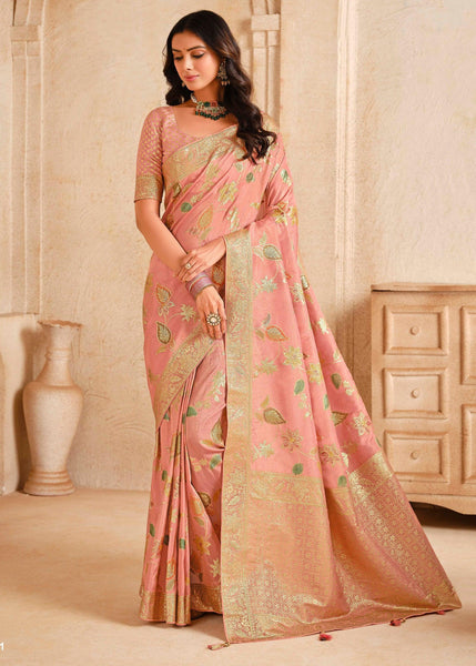 Bloom Peach Woven Banarasi Silk Saree