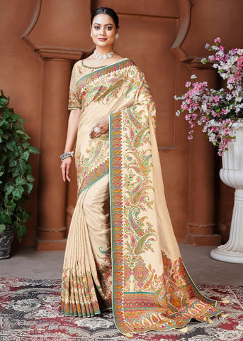 Almond Beige Woven Embroidered Silk Saree