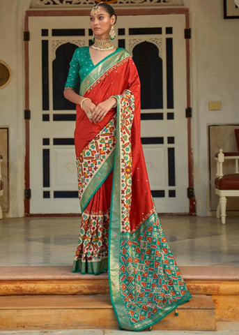 Bright Red Printed Patola Silk Saree