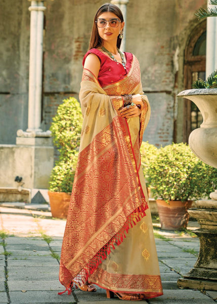 Almond Beige Woven Banarasi Tissue Silk Saree