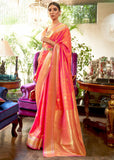 Appricot Peach Woven Smooth Satin Silk Banarasi Saree