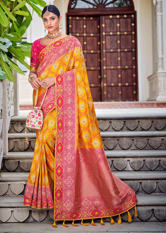 Amazing Orange And Pink Banarasi Designer Silk Saree