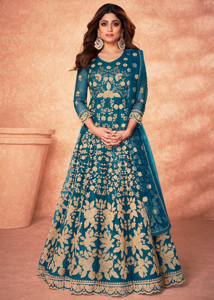 “Exclusive Offer” Blue Heavy Embroidered Unstitched Anarkali