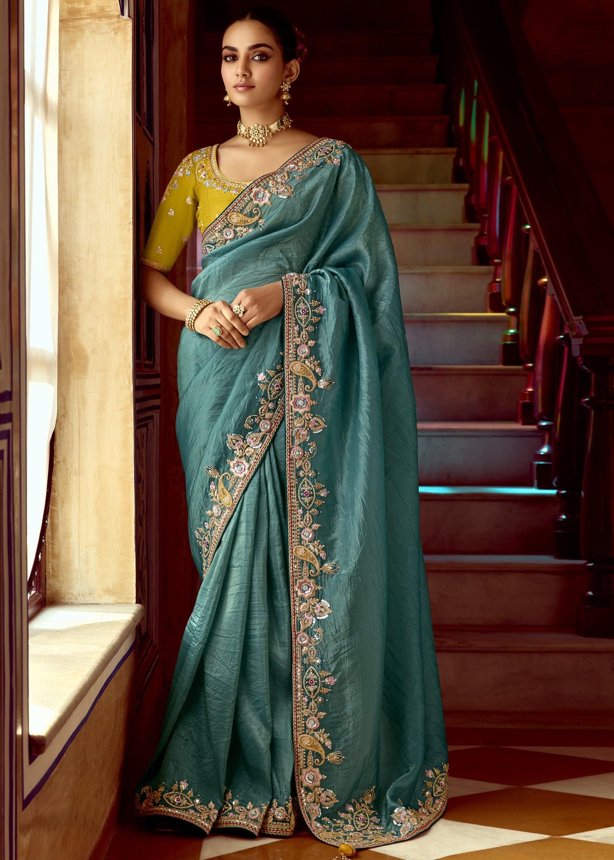 Tile Blue Heavy Embroidered Designer Silk Saree