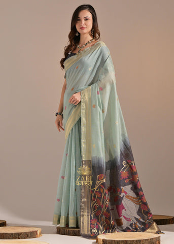 Aruba Blue Woven Cotton Silk Saree