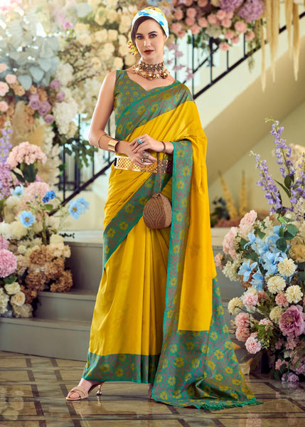 Yolk Yellow Woven Satin Silk Saree