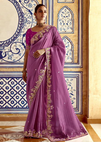 Striking Purple Heavy Embroidered Designer Silk Saree