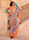 Ash Grey Georgette Silk Saree With Floral Print