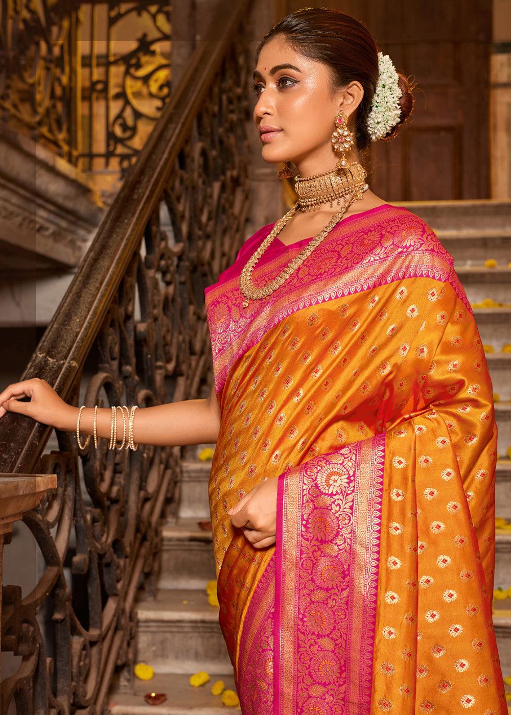 Aamras Yellow Woven Banarasi Silk Saree With Brocade Blouse
