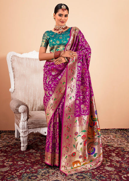 Orchid Purple Woven Paithani Silk Saree With Contrast Blouse