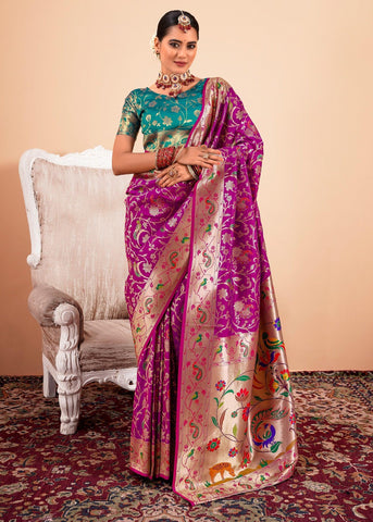 Orchid Purple Woven Paithani Silk Saree With Contrast Blouse