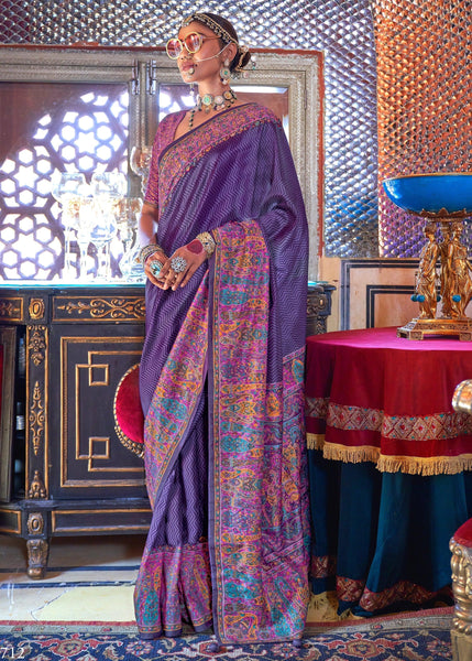 Lavender Purple Printed Kashmiri Jamewar Saree