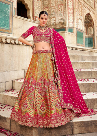 Brown And Pink Banarasi Silk Embroidered Designer Lehenga