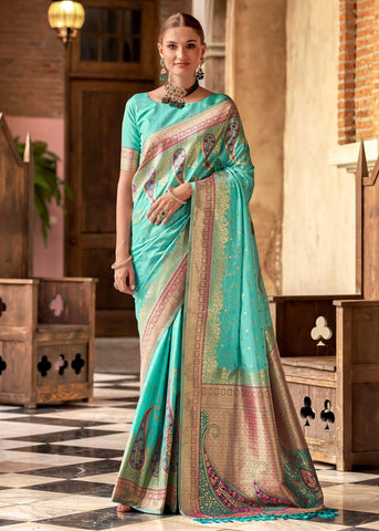 Sea Green Woven Soft Silk Saree