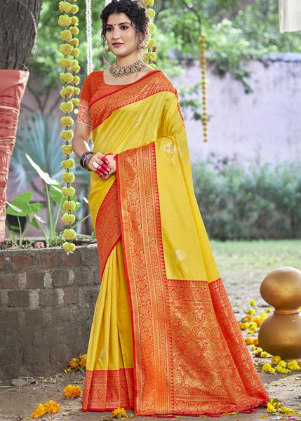 Blazing Yellow Woven Banarasi Silk Saree