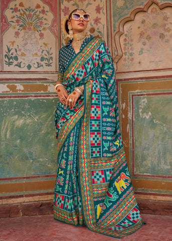 Teal Blue Printed Patola Silk Saree
