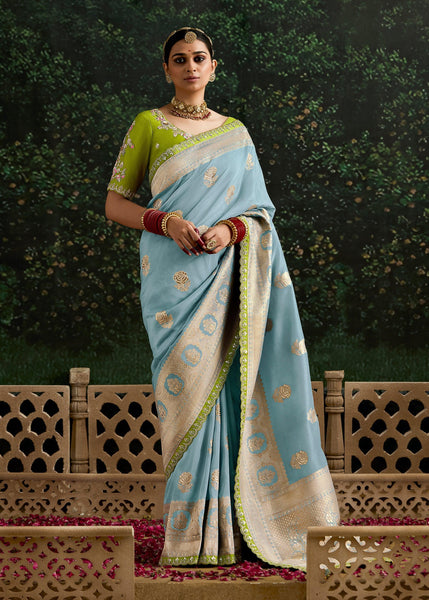 Aruba Blue Woven Banarasi Designer Silk Saree With Embroidered Blouse
