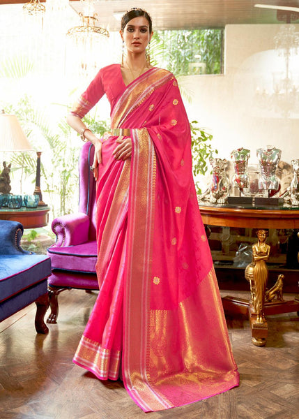 Celebration Pink Woven Smooth Satin Silk Banarasi Saree