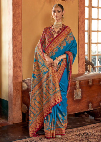 Swedish Blue Printed Kashmiri Jamewar Saree