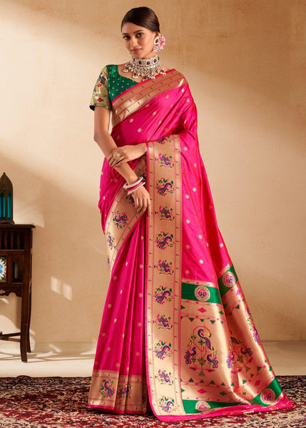 Hot Pink Woven Paithani Silk Saree With Contrast Blouse
