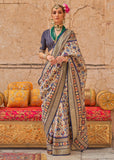 Beige And Blue Printed Patola Silk Saree