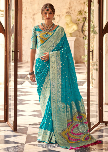 Aruba Blue Woven Banarasi Soft Silk Saree