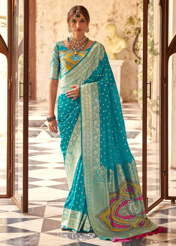 Aruba Blue Woven Banarasi Soft Silk Saree