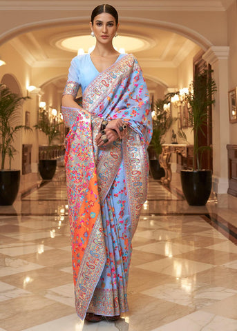 Mutlicolored Cloud Blue Woven Jamewar Banarasi Saree