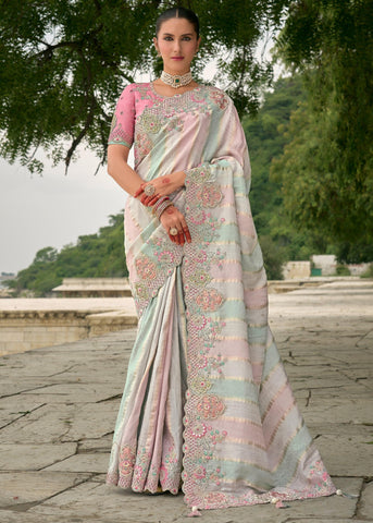 Silver And Pink Designer Embroidered Silk Saree