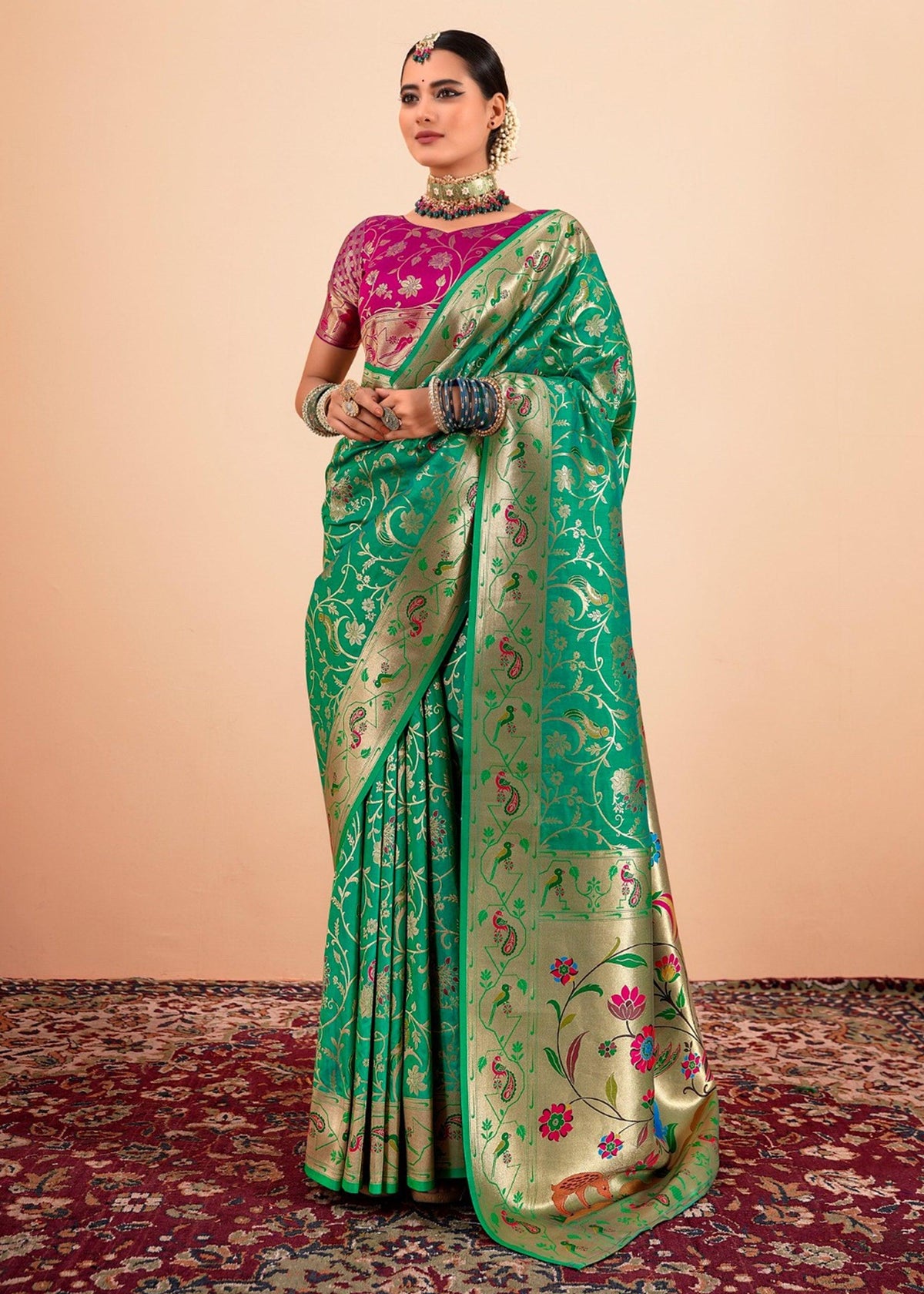 Ming Green Woven Paithani Silk Saree With Contrast Blouse