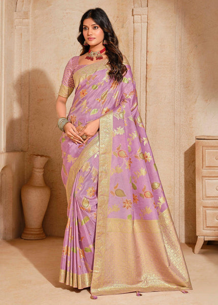 Tulle Purple Woven Banarasi Silk Saree