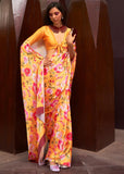 Sunny Yellow Floral Printed Satin Silk Saree