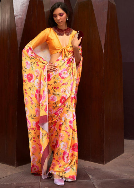 Sunny Yellow Floral Printed Satin Silk Saree