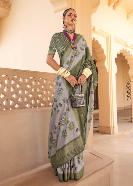 Olive Green Floral Printed Cotton Linen Saree