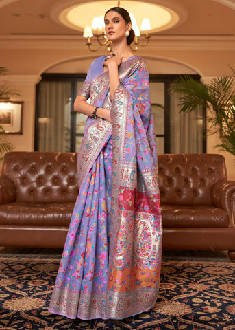 Mutlicolored Iris Purple Woven Jamewar Banarasi Saree