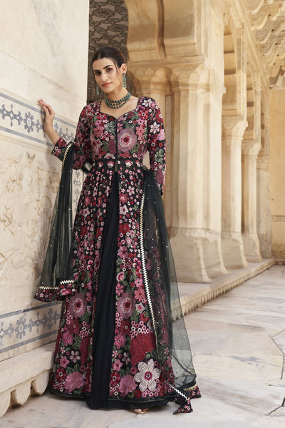 Black Indowestern Heavy  Resham Embroidered Anarkali And Lehenga Set - women's fashion mart