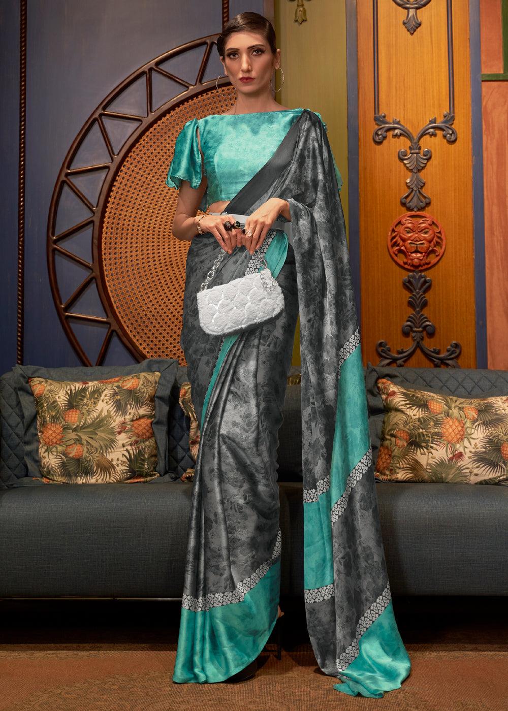 CLOUDY GREY SATIN SILK PRINTED SAREE