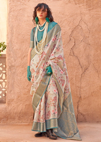 Beige And Blue Georgette Silk Saree With Floral Print