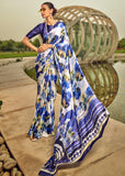 Dazzling Blue Satin Crepe Printed Silk Saree