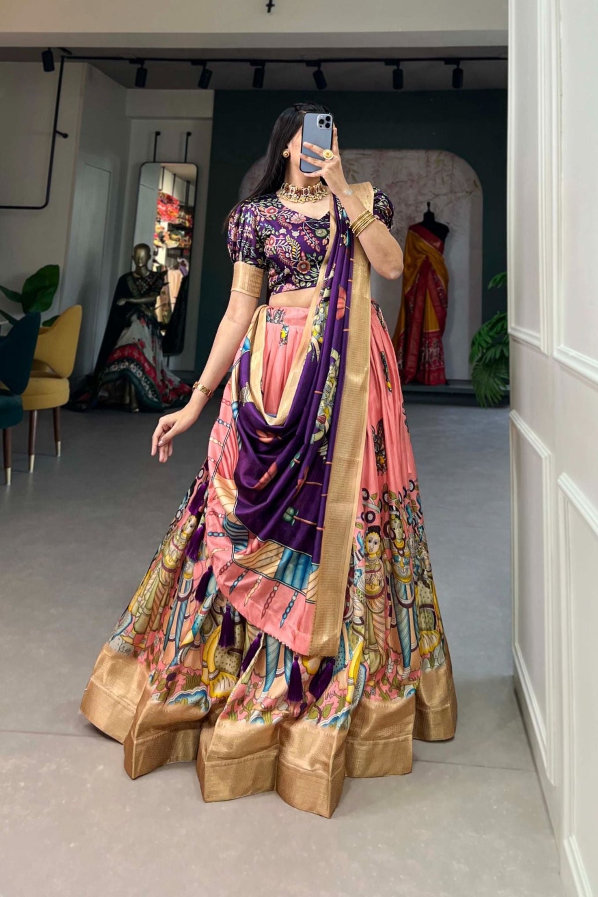 Designer Kalamkari Printed Dola Silk Lehenga Choli - women's fashion mart