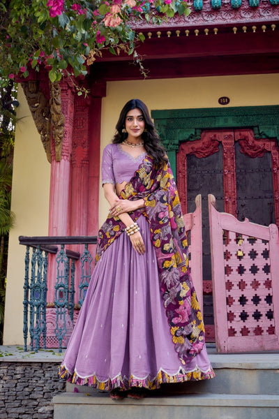 Stunning Sequins Tread Embroidery With Kalamkari Printed Lehenga Choli