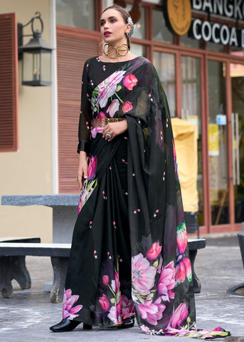 Phantom Black Printed Georgette Saree