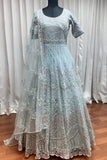 Sky Blue Sparkle Thread Embroidery With Zarkan And Mirror Work Gown - women's fashion mart