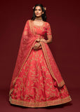 Flame Red Georgette Embroidered Lehenga With Net Dupatta